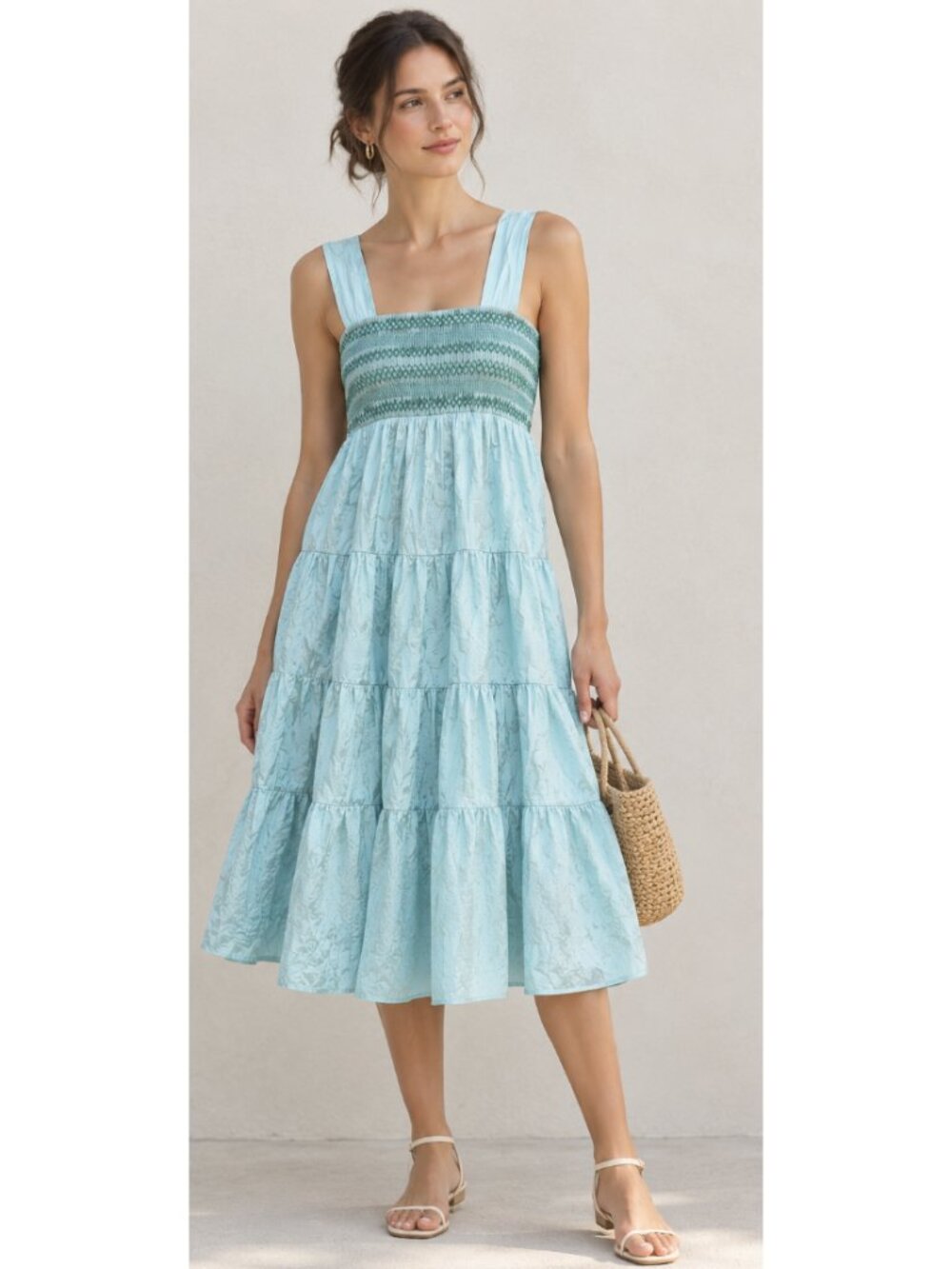 ANTHROPOLOGIE The Helena Square-Neck Tiered Midi Dress Turquoise XXS Cottagecore